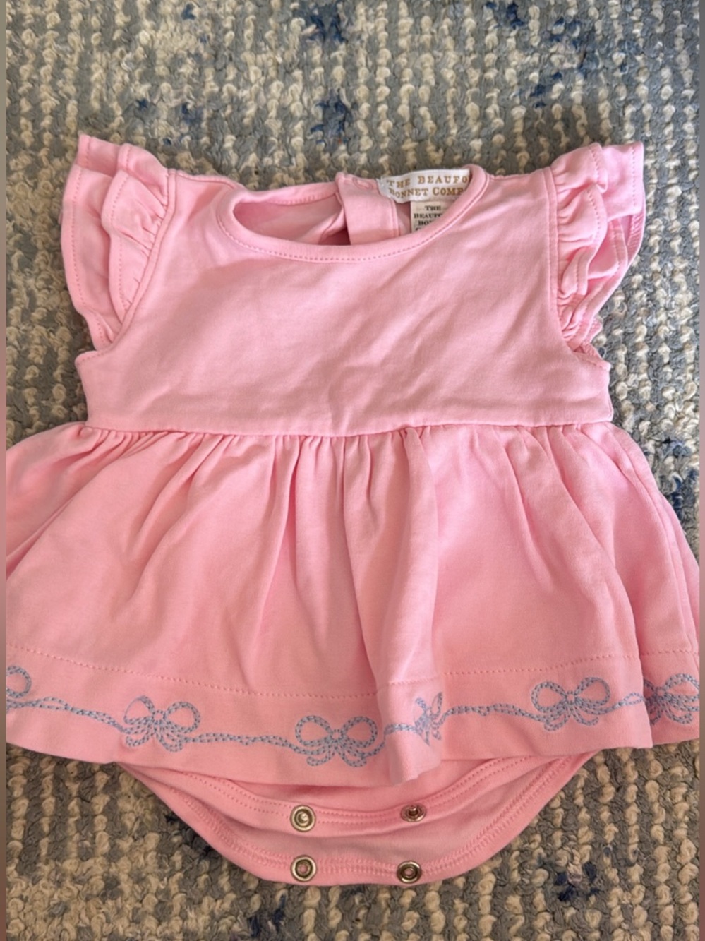 The Beaufort Bonnet Company Pink Dress-Style Onesie with Blue Bow Embroidery